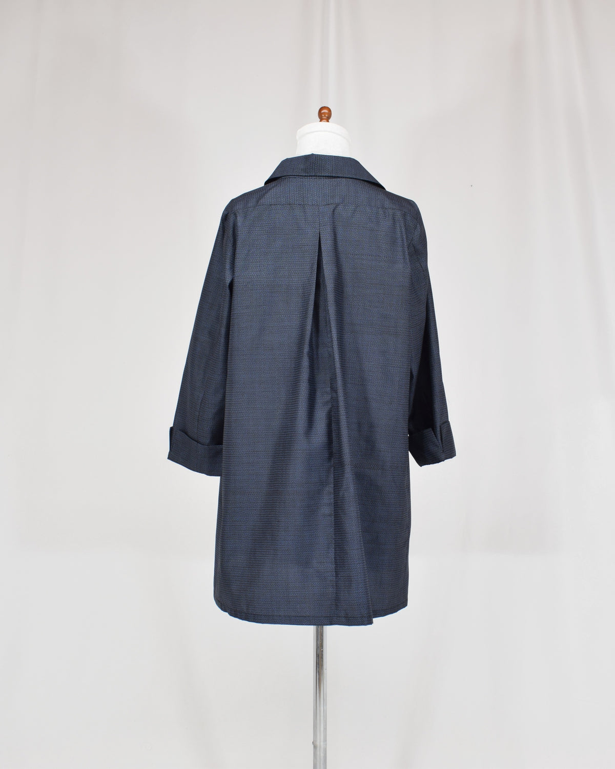 Open-Collar Tunic, Navy Fine Geometric Motif, Upcycled Kimono Fabric