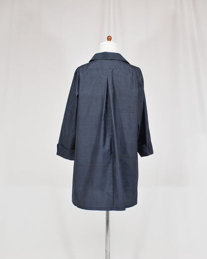 Open-Collar Tunic, Navy Fine Geometric Motif, Upcycled Kimono Fabric