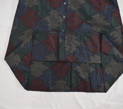 Long Shirt Dress, Navy Multicolor Geometric Motif, Upcycled Kimono Fabric