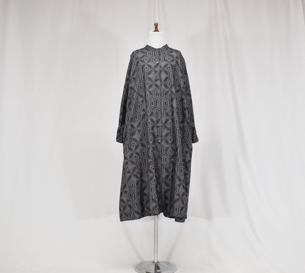 Long Shirt Dress, Gray Hexagonal Geometric Motif, Upcycled Kimono Fabric