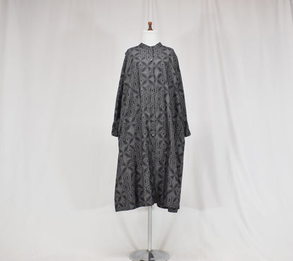 Long Shirt Dress, Gray Hexagonal Geometric Motif, Upcycled Kimono Fabric