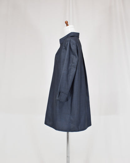 Open-Collar Tunic, Navy Fine Geometric Motif, Upcycled Kimono Fabric