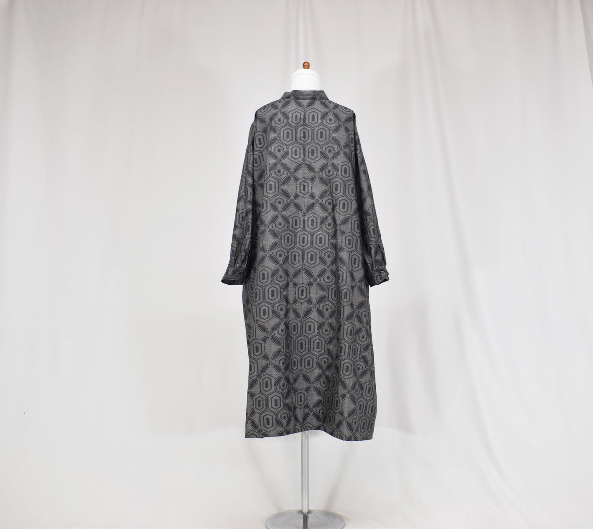 Long Shirt Dress, Gray Hexagonal Geometric Motif, Upcycled Kimono Fabric