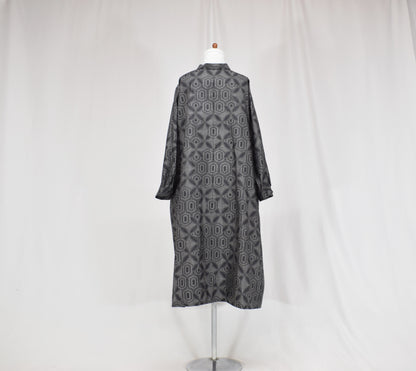 Long Shirt Dress, Gray Hexagonal Geometric Motif, Upcycled Kimono Fabric