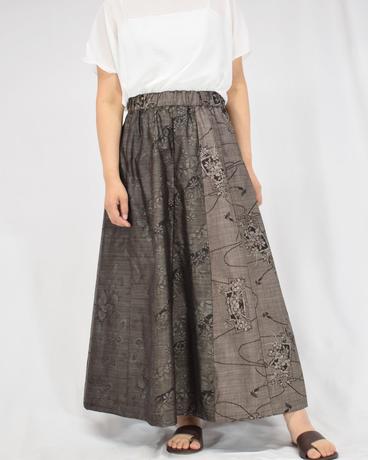 Six-Panel Skirt, Gray Floral and Abstract Motifs, Upcycled Kimono Fabric