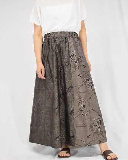 Six-Panel Skirt, Gray Floral and Abstract Motifs, Upcycled Kimono Fabric