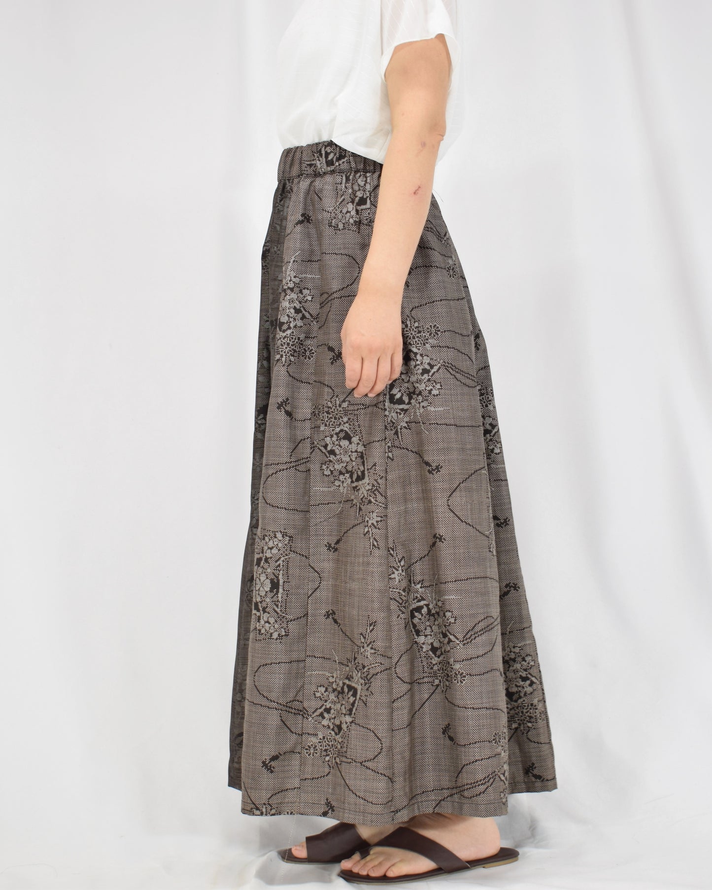 Six-Panel Skirt, Gray Floral and Abstract Motifs, Upcycled Kimono Fabric