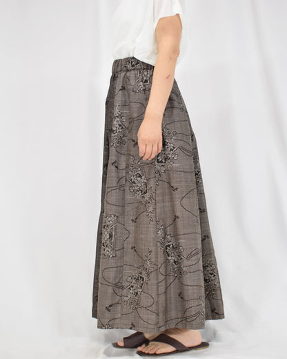 Six-Panel Skirt, Gray Floral and Abstract Motifs, Upcycled Kimono Fabric