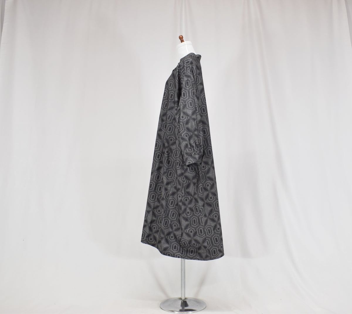Long Shirt Dress, Gray Hexagonal Geometric Motif, Upcycled Kimono Fabric
