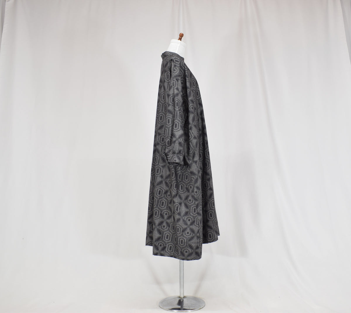 Long Shirt Dress, Gray Hexagonal Geometric Motif, Upcycled Kimono Fabric