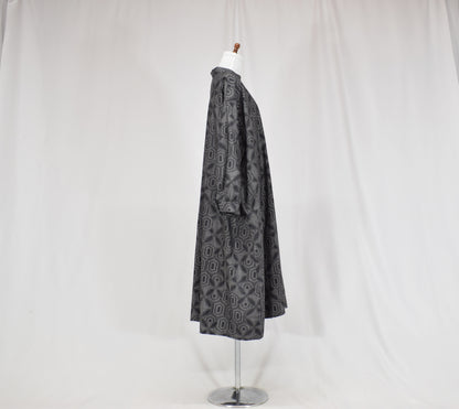 Long Shirt Dress, Gray Hexagonal Geometric Motif, Upcycled Kimono Fabric