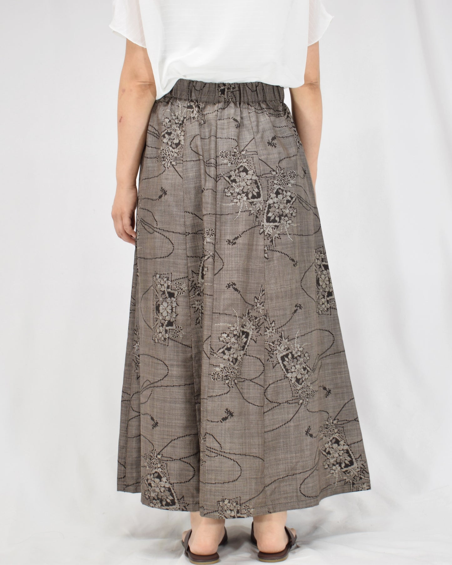 Six-Panel Skirt, Gray Floral and Abstract Motifs, Upcycled Kimono Fabric