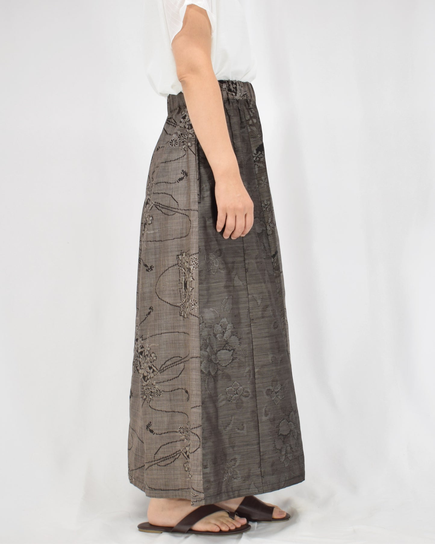 Six-Panel Skirt, Gray Floral and Abstract Motifs, Upcycled Kimono Fabric