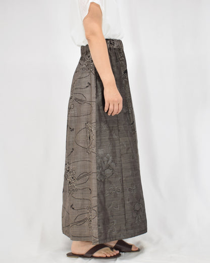 Six-Panel Skirt, Gray Floral and Abstract Motifs, Upcycled Kimono Fabric
