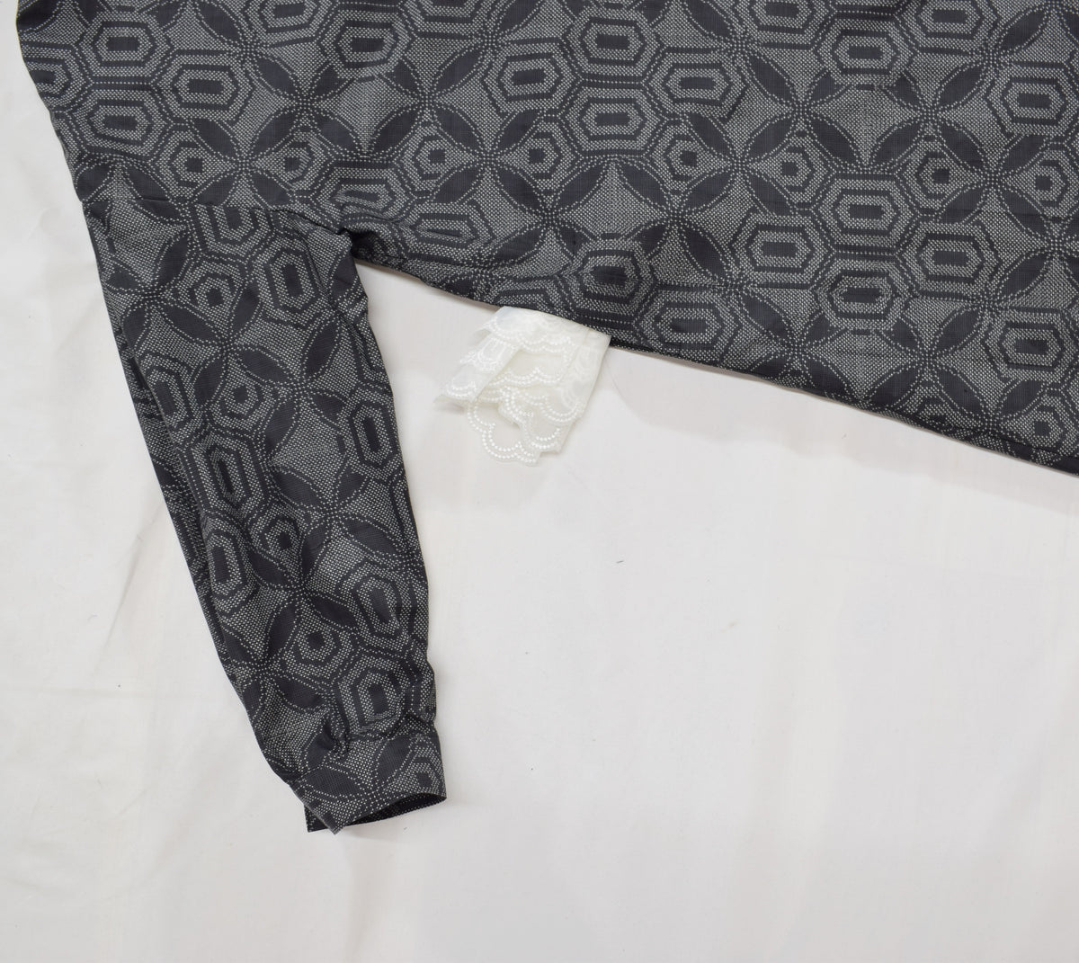 Long Shirt Dress, Gray Hexagonal Geometric Motif, Upcycled Kimono Fabric