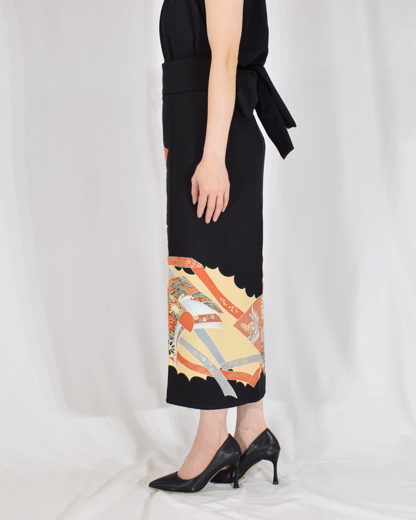 Wrap Skirt — Black Upcycled Kimono Fabric with Floral and Geometric Motif