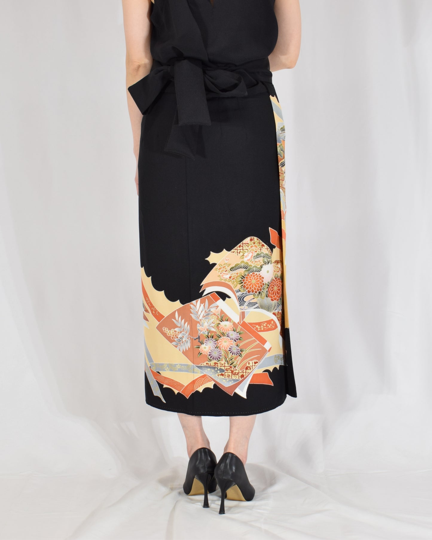 Wrap Skirt — Black Upcycled Kimono Fabric with Floral and Geometric Motif