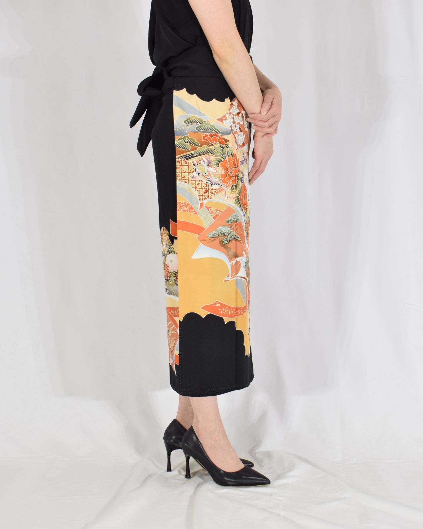 Wrap Skirt — Black Upcycled Kimono Fabric with Floral and Geometric Motif