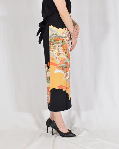 Wrap Skirt — Black Upcycled Kimono Fabric with Floral and Geometric Motif