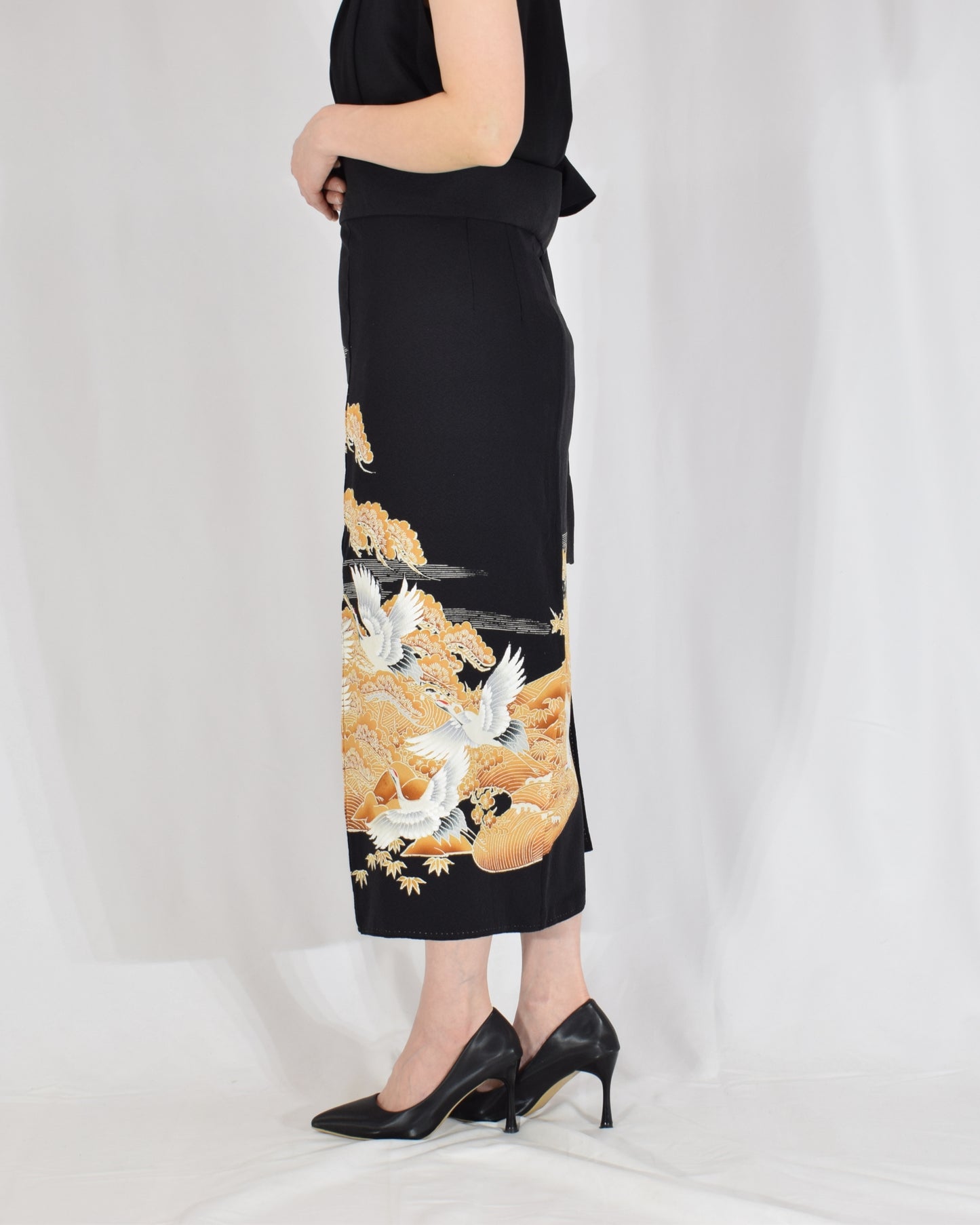 Wrap Skirt — Black Upcycled Kimono Fabric with Crane Motif