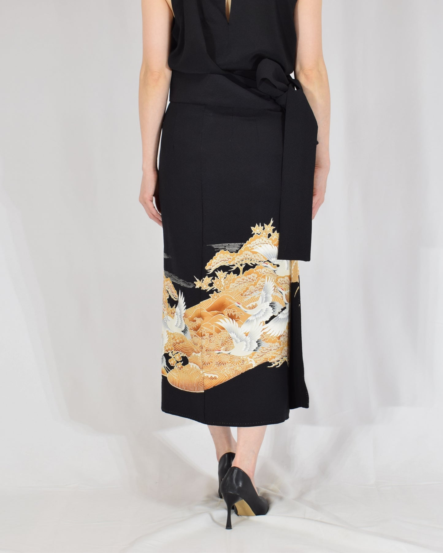 Wrap Skirt — Black Upcycled Kimono Fabric with Crane Motif