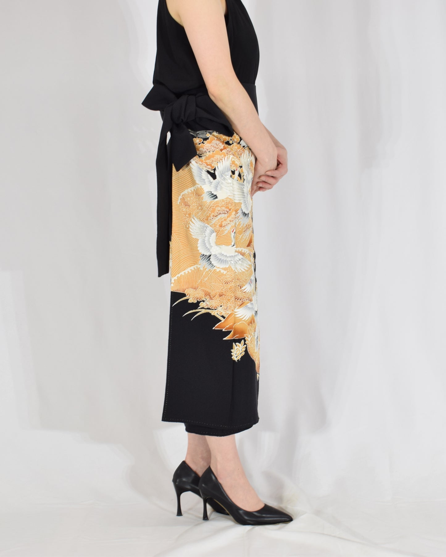 Wrap Skirt — Black Upcycled Kimono Fabric with Crane Motif