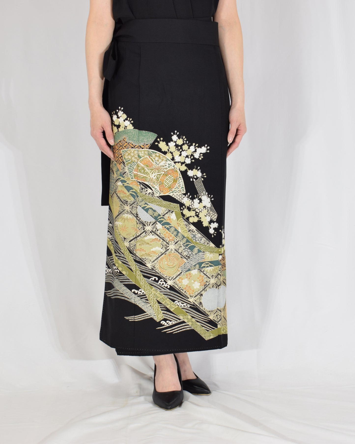 Wrap Skirt — Black Upcycled Kimono Fabric with Branch Blossom Motif