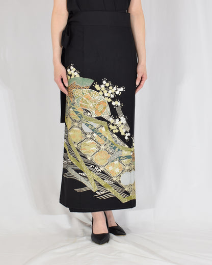 Wrap Skirt — Black Upcycled Kimono Fabric with Branch Blossom Motif