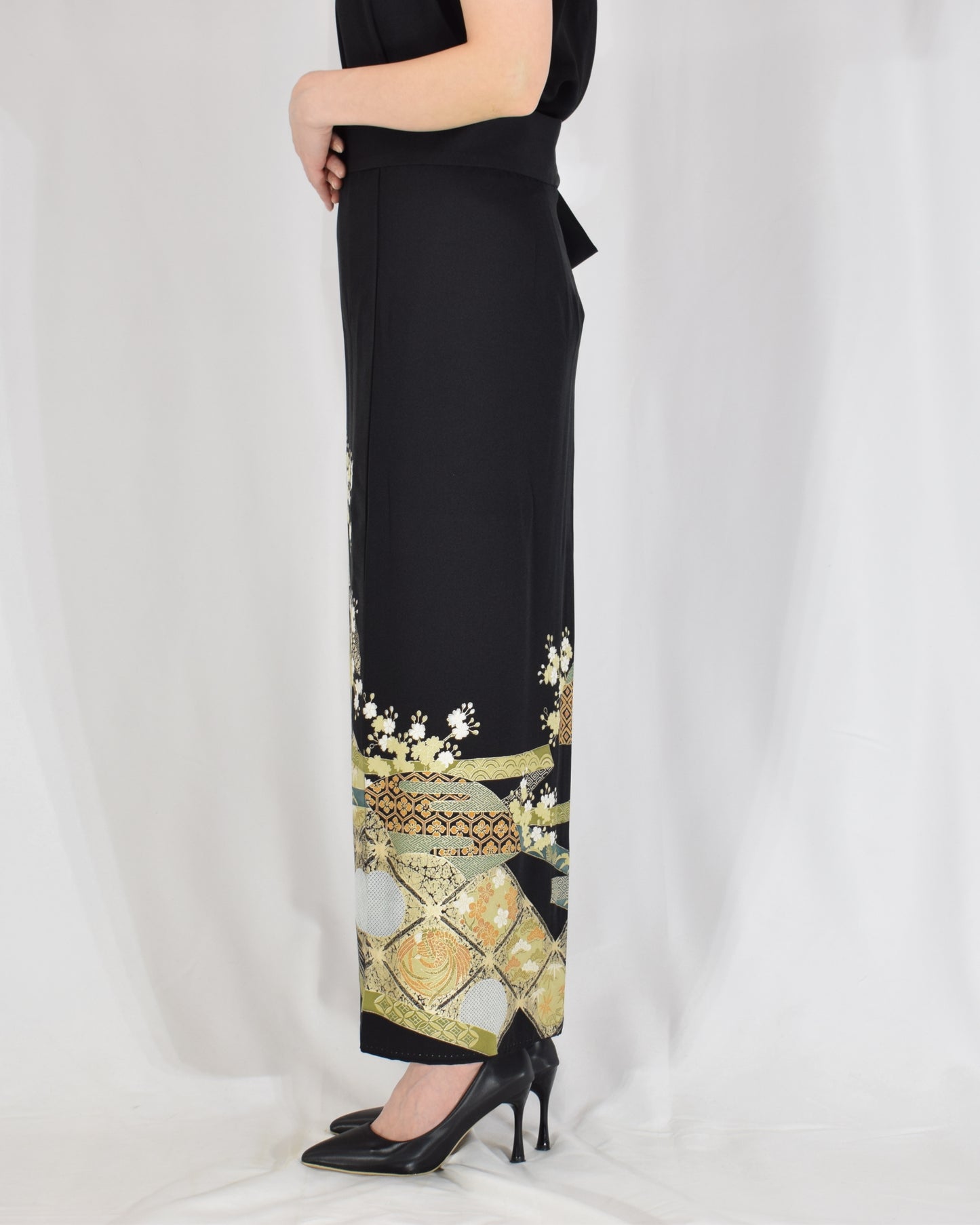 Wrap Skirt — Black Upcycled Kimono Fabric with Branch Blossom Motif