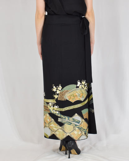 Wrap Skirt — Black Upcycled Kimono Fabric with Branch Blossom Motif