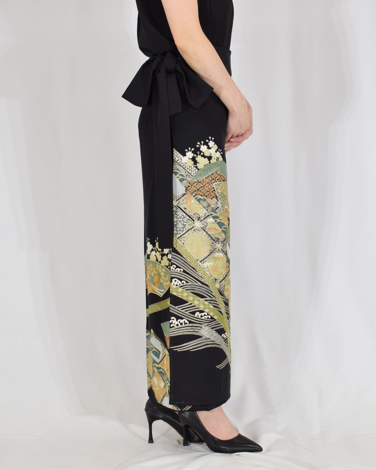 Wrap Skirt — Black Upcycled Kimono Fabric with Branch Blossom Motif