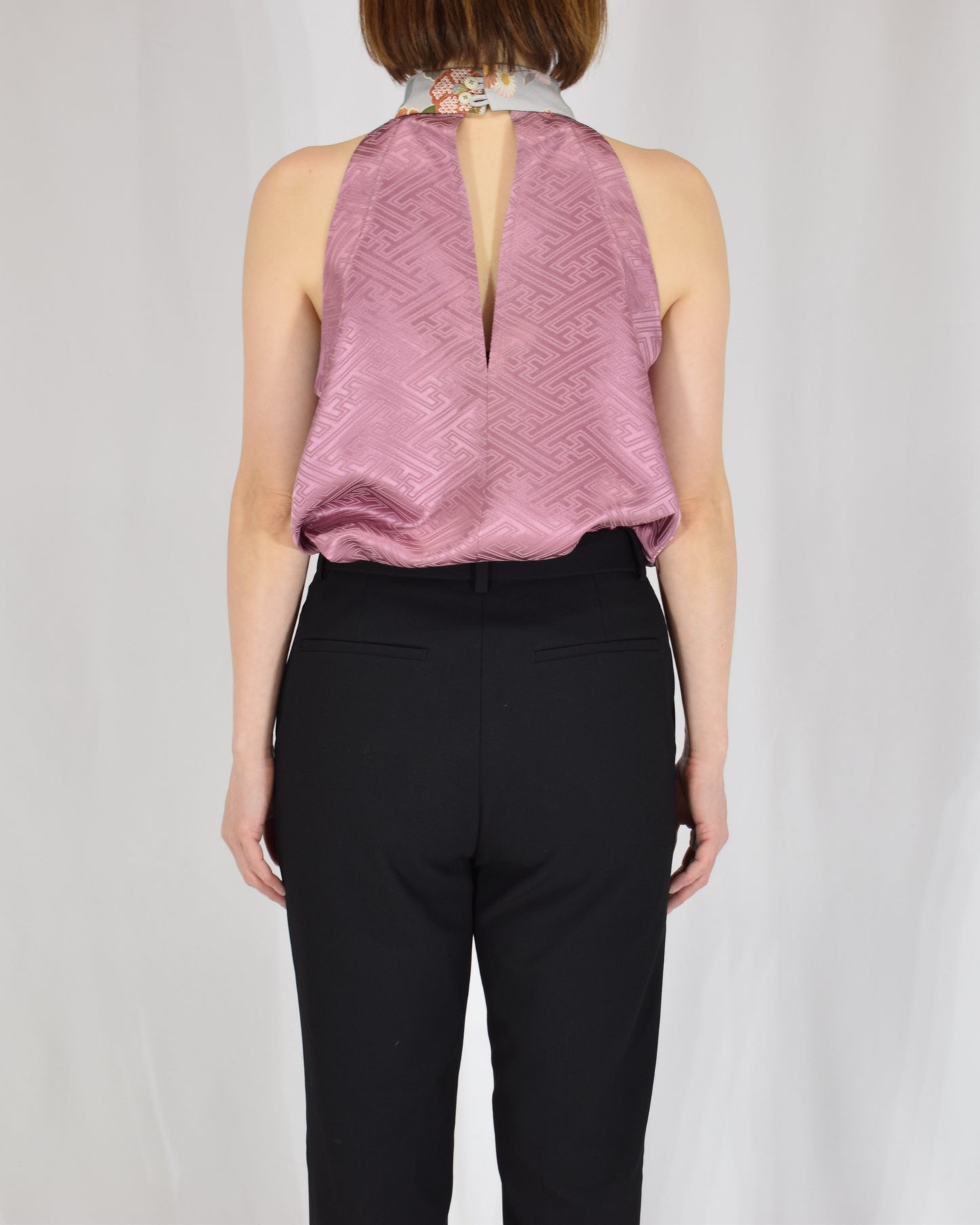 Halter Neck Blouse — Pale Pink Upcycled Kimono Fabric with Floral Detail