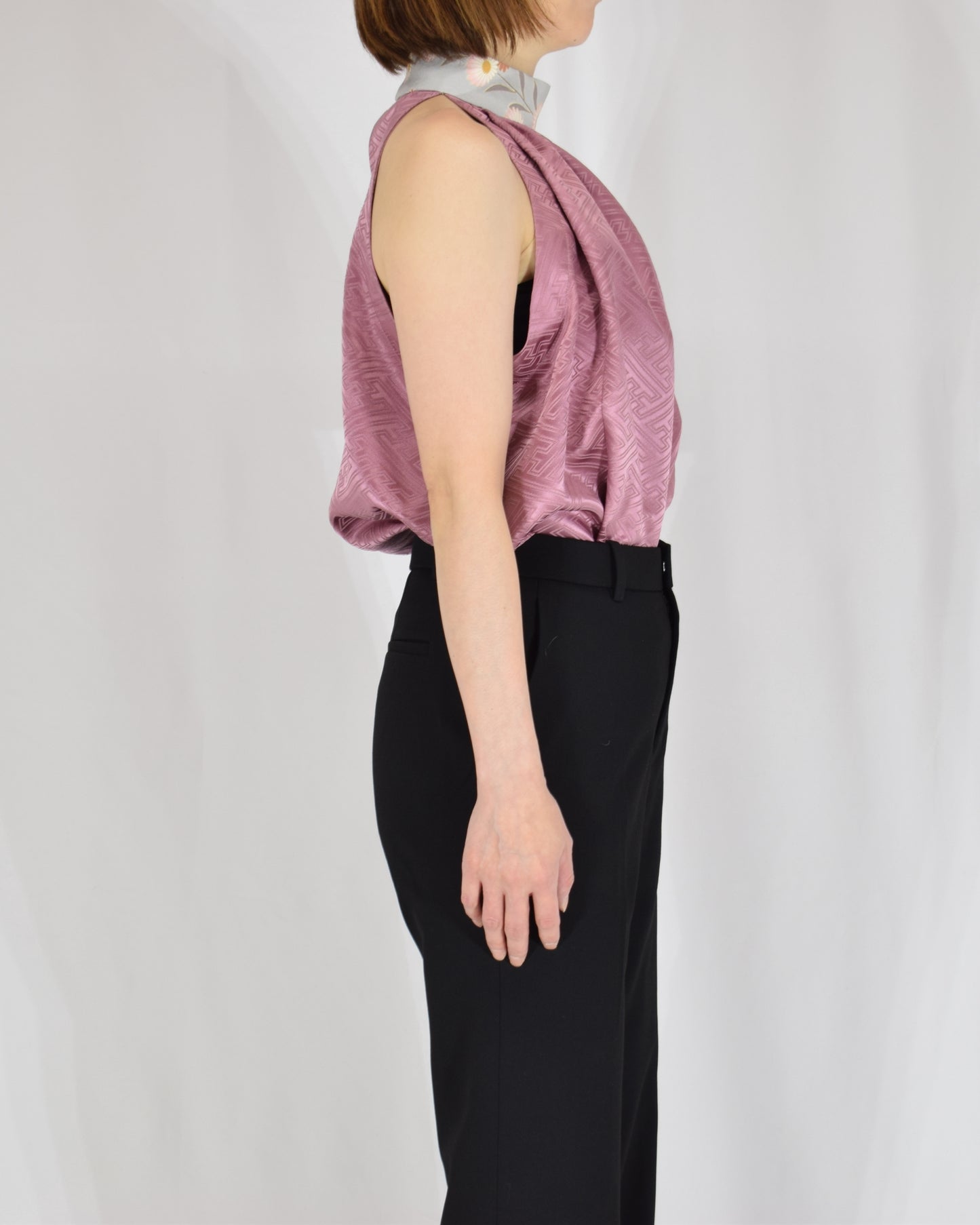 Halter Neck Blouse — Pale Pink Upcycled Kimono Fabric with Floral Detail
