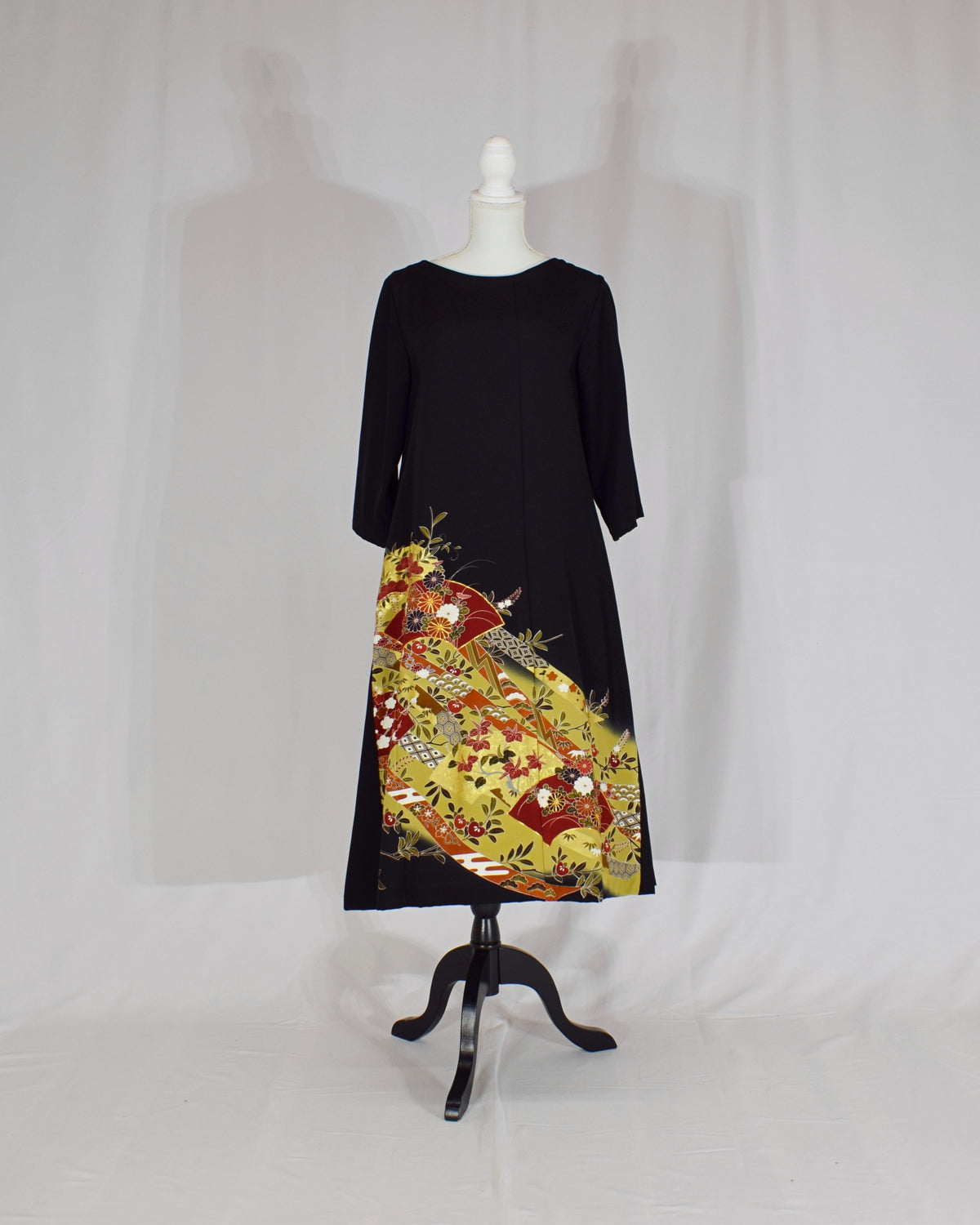 Elegant Kimono Dress, Folding Fan and Floral Motifs, Upcycled Tomesode Fabric