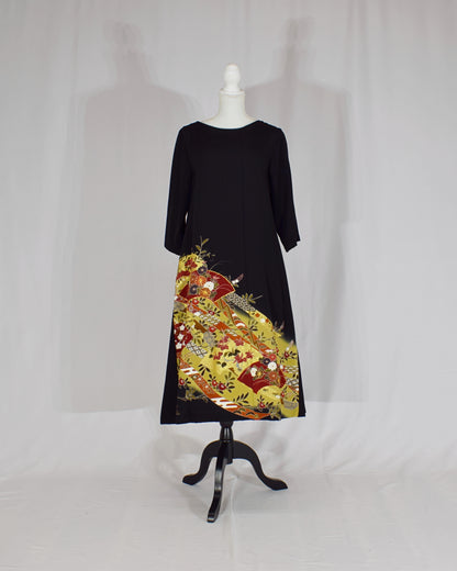 Elegant Kimono Dress, Folding Fan and Floral Motifs, Upcycled Tomesode Fabric