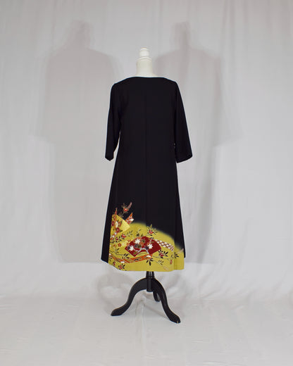 Elegant Kimono Dress, Folding Fan and Floral Motifs, Upcycled Tomesode Fabric