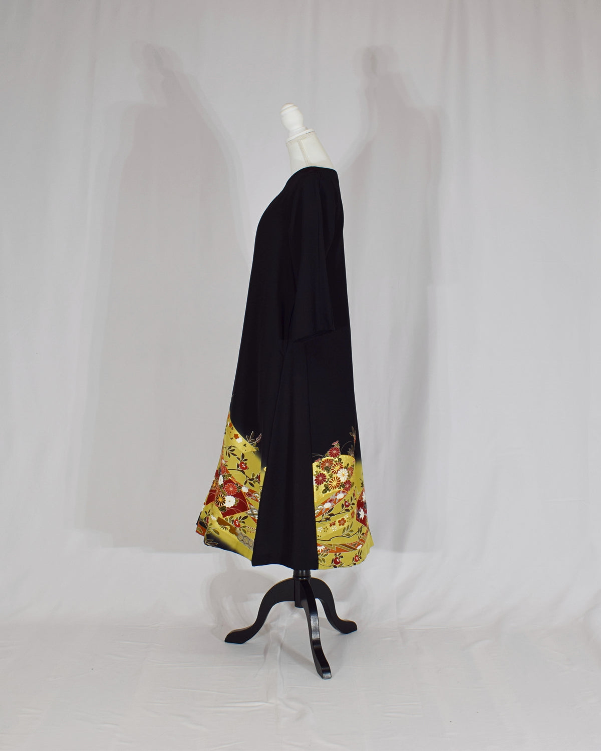 Elegant Kimono Dress, Folding Fan and Floral Motifs, Upcycled Tomesode Fabric