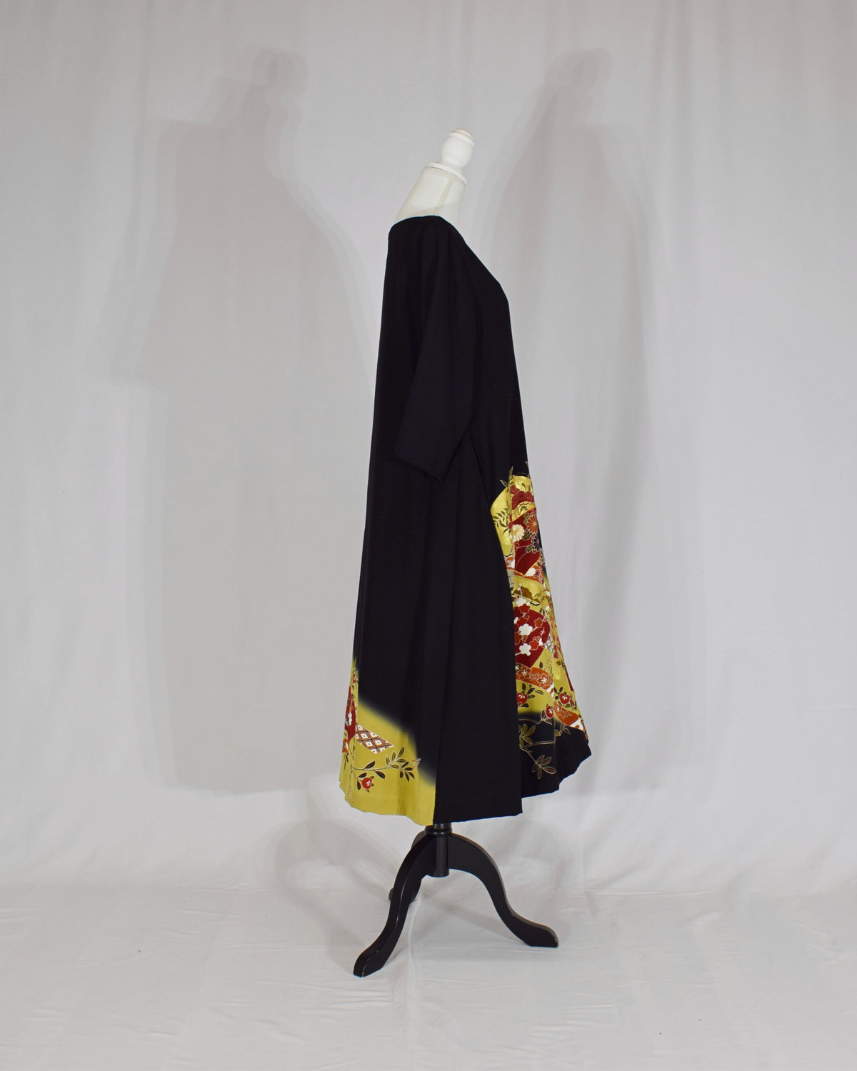 Elegant Kimono Dress, Folding Fan and Floral Motifs, Upcycled Tomesode Fabric