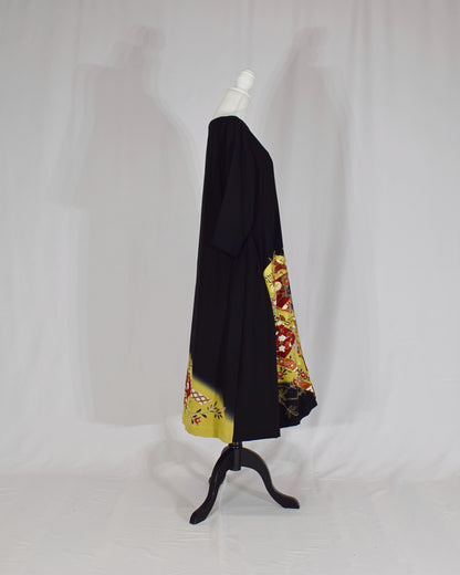 Elegant Kimono Dress, Folding Fan and Floral Motifs, Upcycled Tomesode Fabric