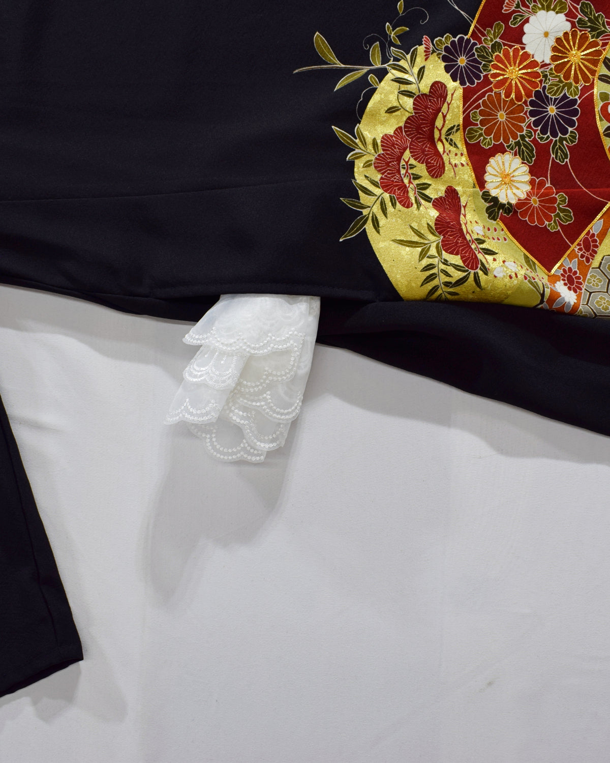 Elegant Kimono Dress, Folding Fan and Floral Motifs, Upcycled Tomesode Fabric