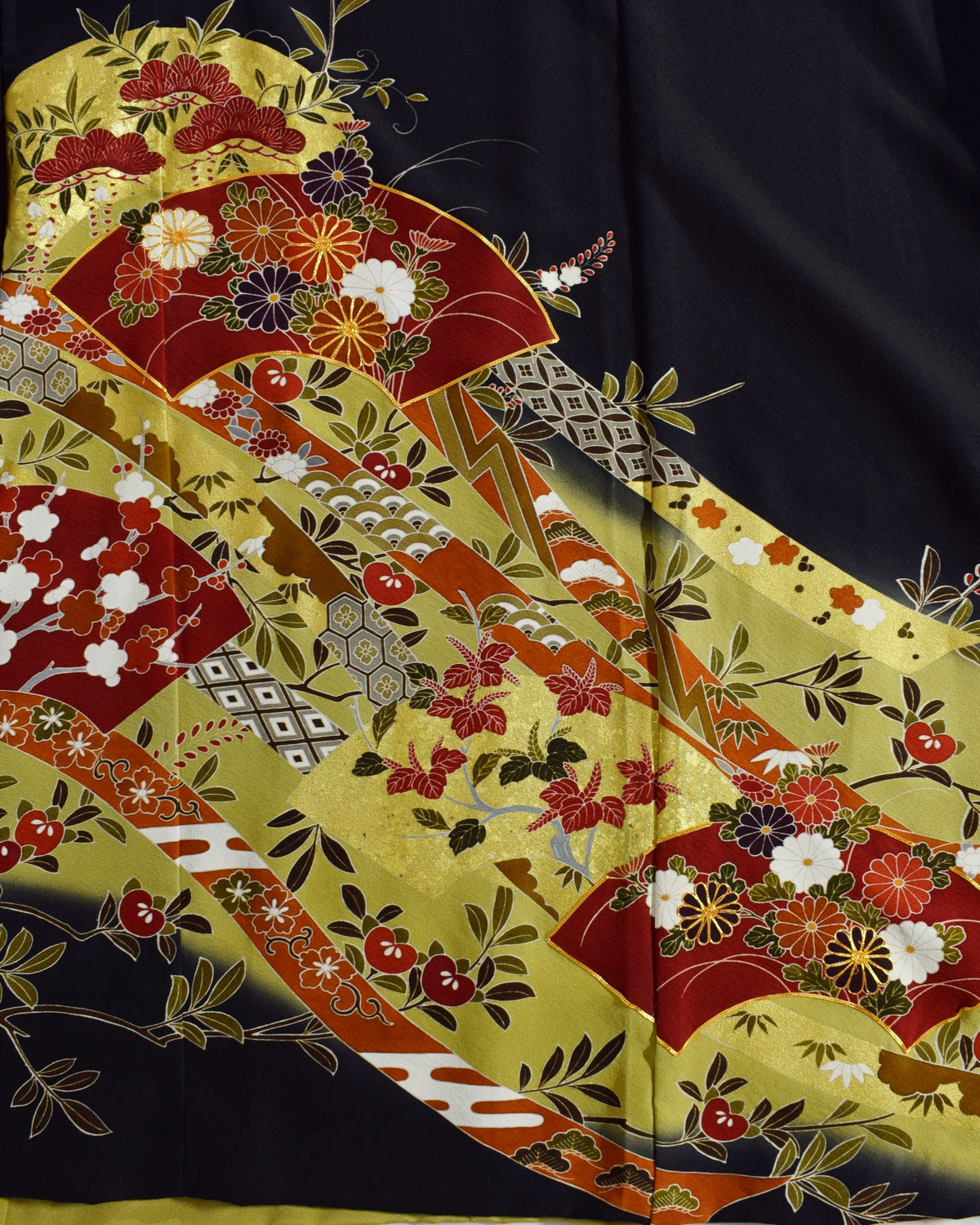 Elegant Kimono Dress, Folding Fan and Floral Motifs, Upcycled Tomesode Fabric