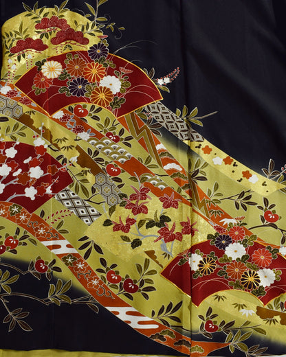 Elegant Kimono Dress, Folding Fan and Floral Motifs, Upcycled Tomesode Fabric