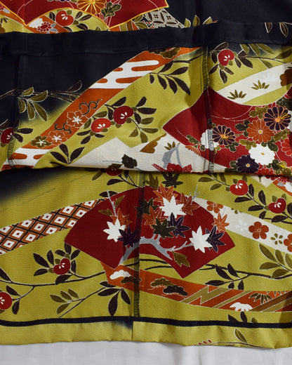 Elegant Kimono Dress, Folding Fan and Floral Motifs, Upcycled Tomesode Fabric