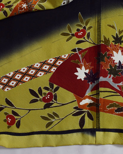 Elegant Kimono Dress, Folding Fan and Floral Motifs, Upcycled Tomesode Fabric