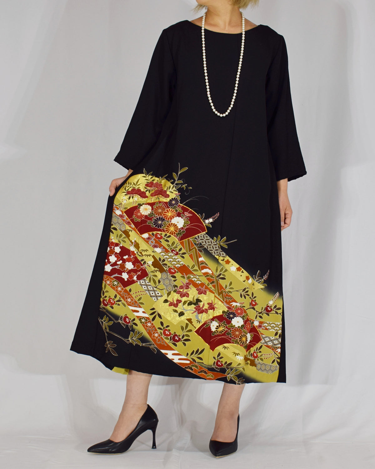 Elegant Kimono Dress, Folding Fan and Floral Motifs, Upcycled Tomesode Fabric
