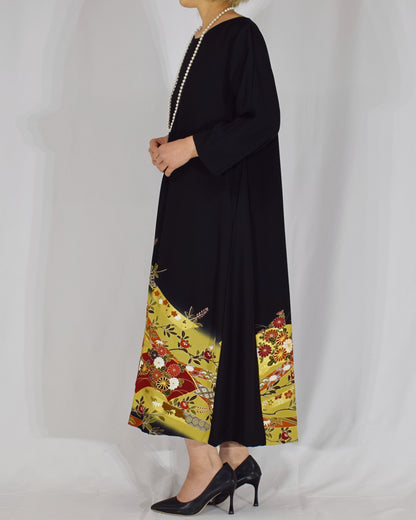 Elegant Kimono Dress, Folding Fan and Floral Motifs, Upcycled Tomesode Fabric