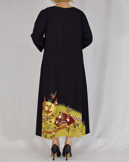 Elegant Kimono Dress, Folding Fan and Floral Motifs, Upcycled Tomesode Fabric