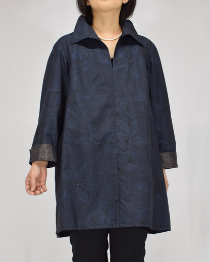 Open-Collar Tunic, Navy Botanical Motif, Upcycled Kimono Fabric