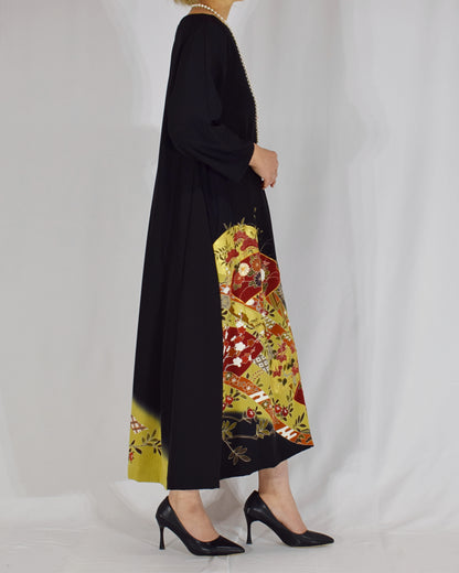 Elegant Kimono Dress, Folding Fan and Floral Motifs, Upcycled Tomesode Fabric
