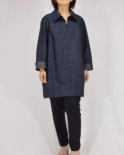 Open-Collar Tunic, Navy Botanical Motif, Upcycled Kimono Fabric